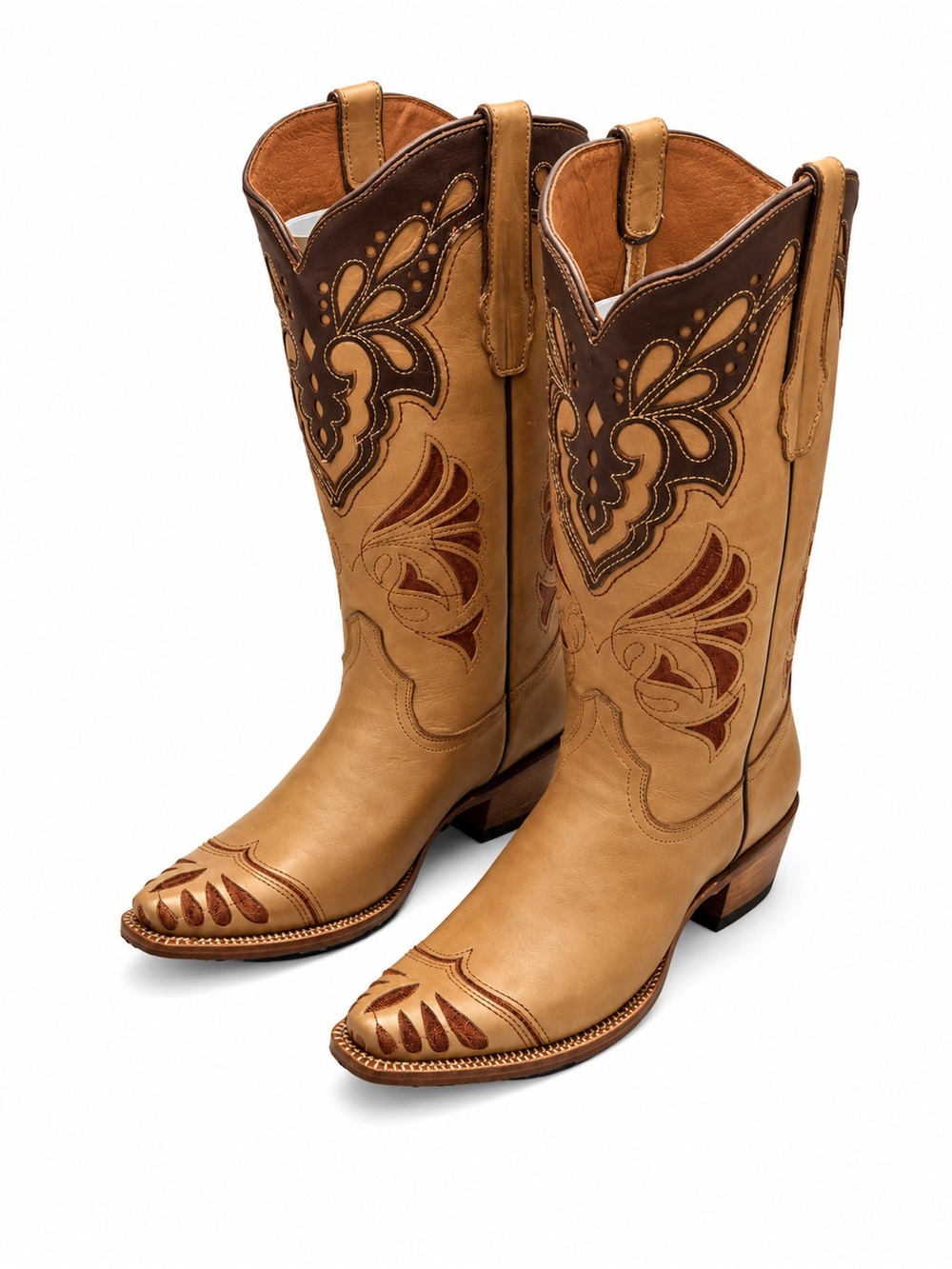 Tanner Mark Tan Leather Western Cowgirl Boots with Brown Embroidery
